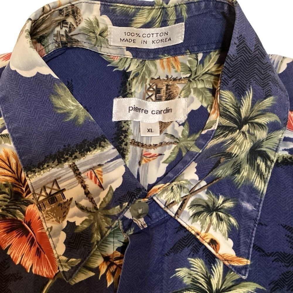 Pierre Cardin Mens XL Navy Blue Tropical Palm Tree Cotton Hawaiian Shirt XL